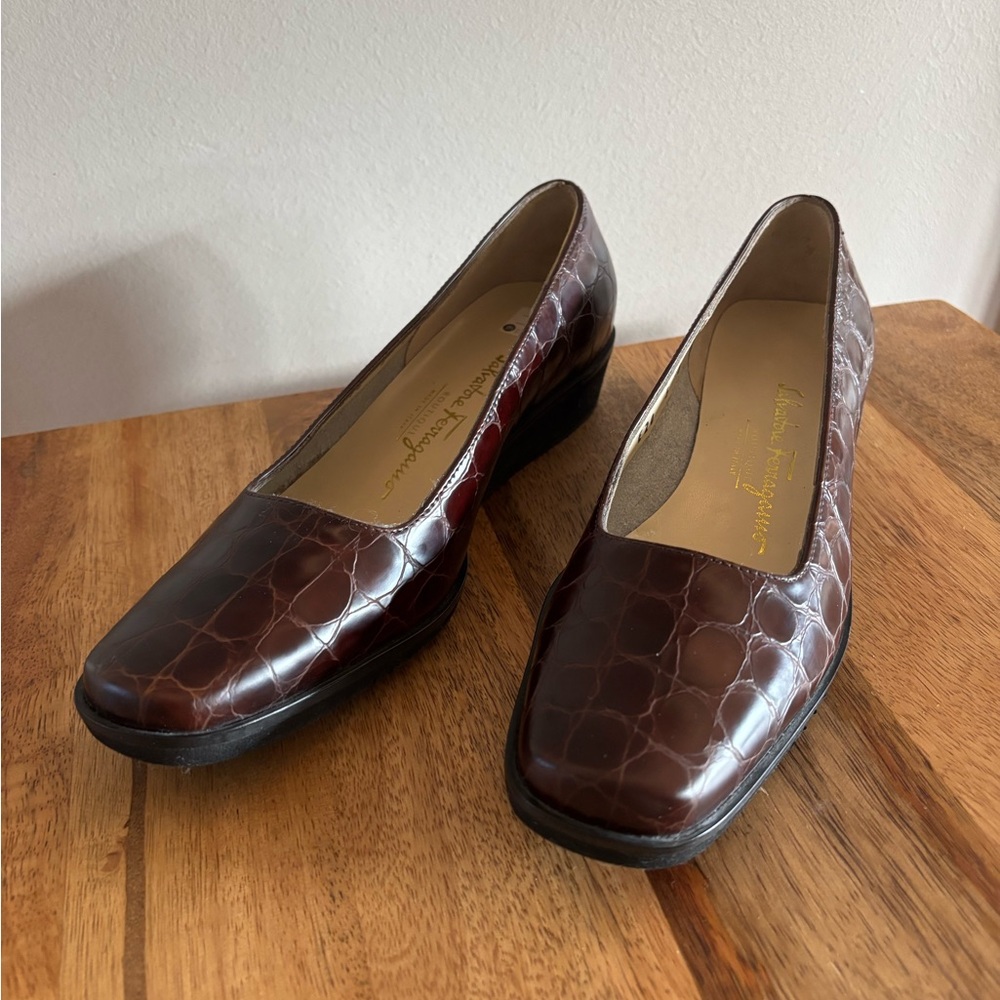 Salvatore Ferragamo Brown Leather Flats with Crocodile Embossed Texture